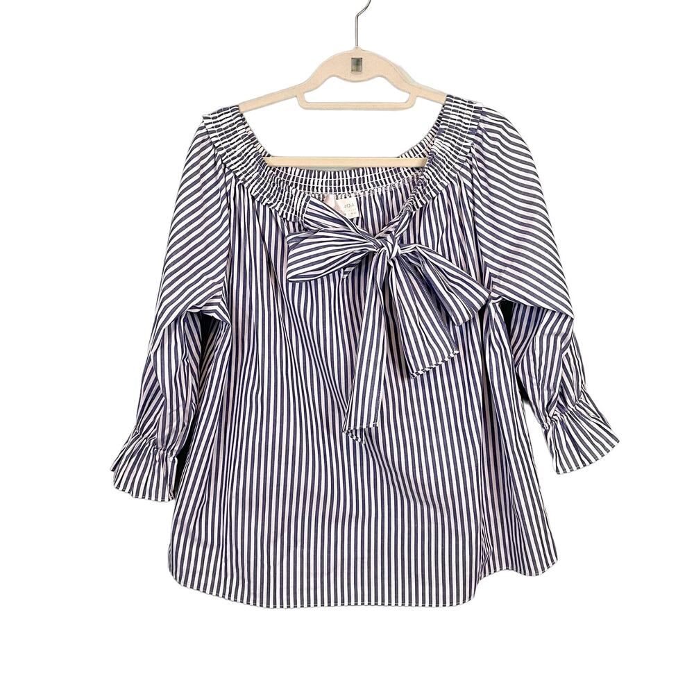 J.O.A Los Angeles Bow Tie Blouse Top L White Blue Pinstripe Off Shoulder Coastal